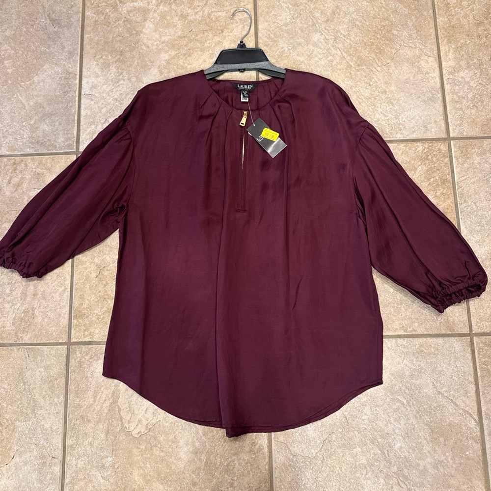 Lauren Ralph Lauren Deep Burgundy Solid Shantung Blouson-Sleeve Blouse